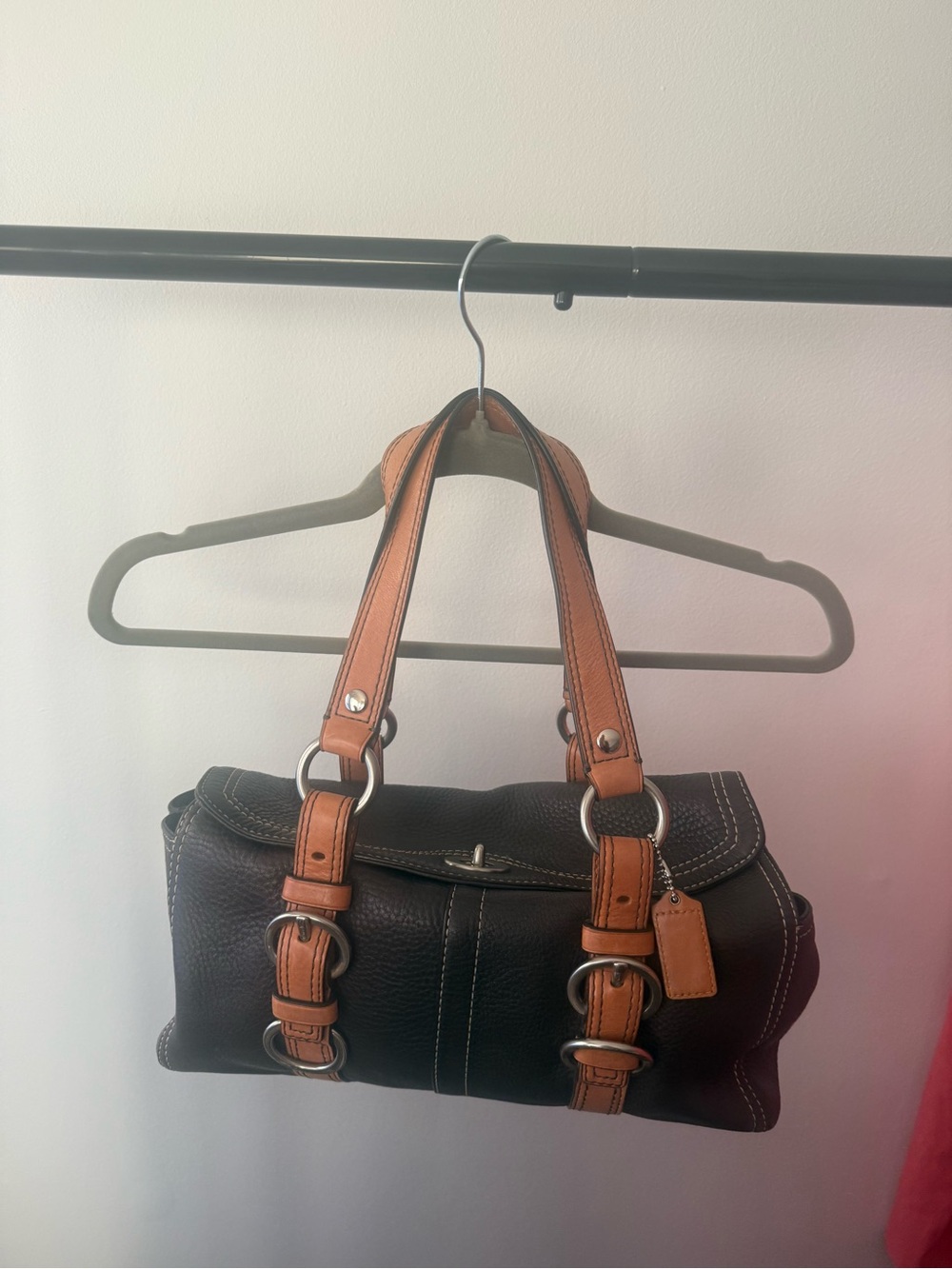Coach Shoulder Bag - Chocolate Brown Leather with Tan Straps
